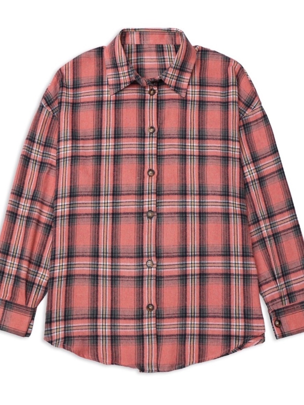 💛 Oversized Plaid Button-Up Flannel Shirt - Coral Pink - Picture 3 of 8